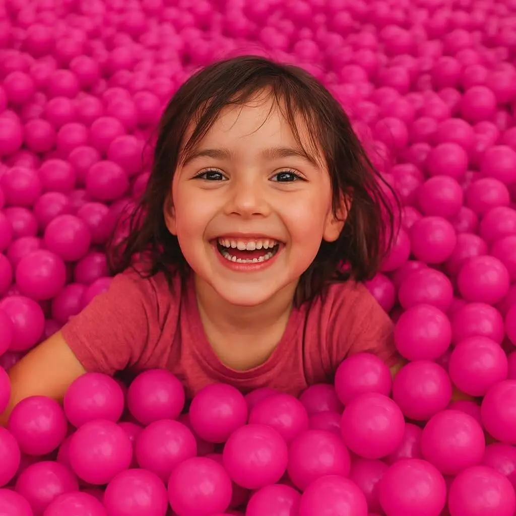 Menina feliz brincando em piscina de bolinhas — Play & Cia