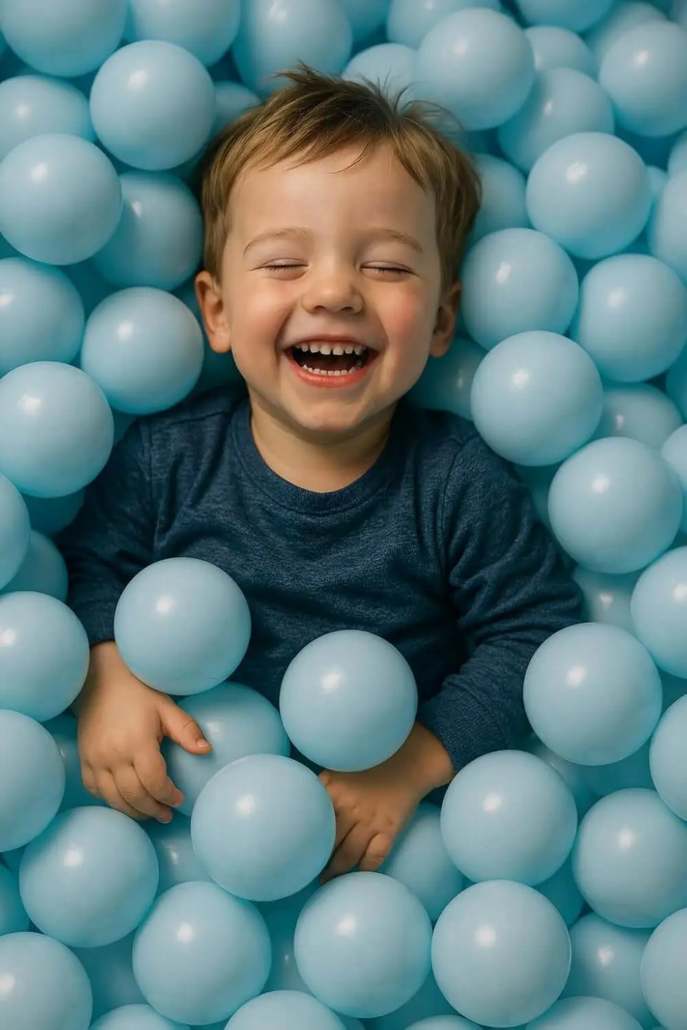 Menino sorrindo em piscina de bolinhas azuis